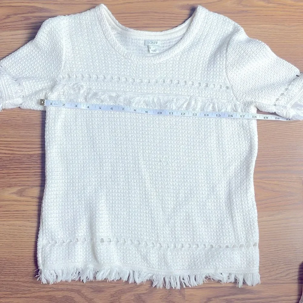 J Crew fringe short sleeve sweater white 100% cotton size small top NWOT